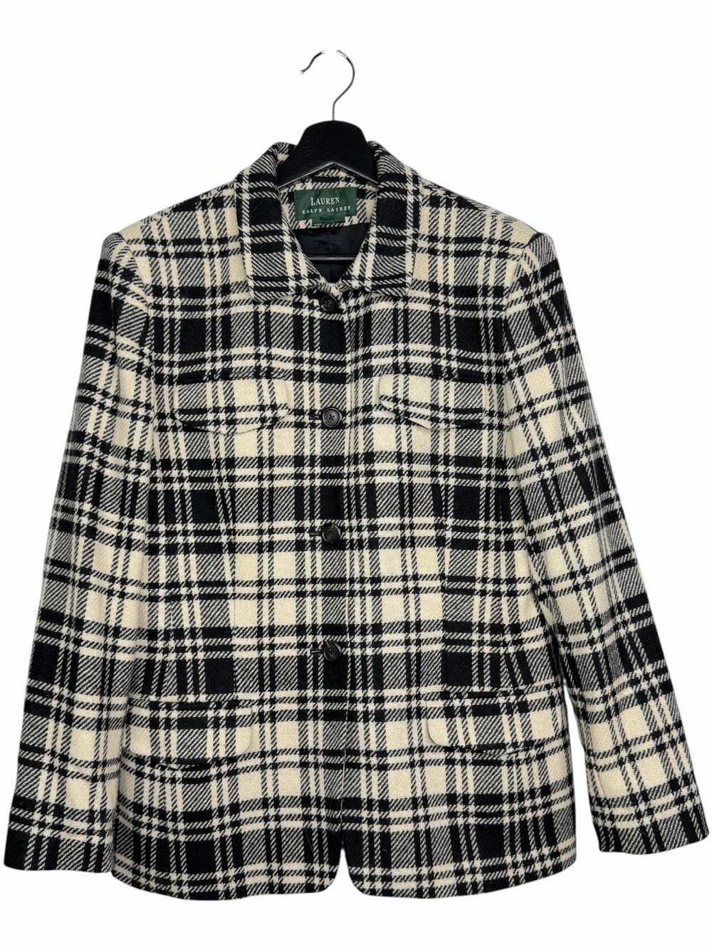 Lauren Ralph Lauren Womens 12 Wool Jacket Plaid Black White Twee Academia Preppy